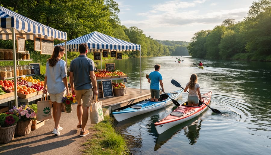 Kayaks and paddles beside the riverbank near a riverside market