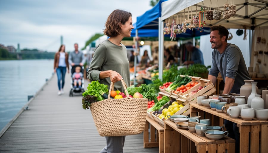 Shopper carrying a reusable basket walking past vendors at a riverside outdoor market beside flowing water.
