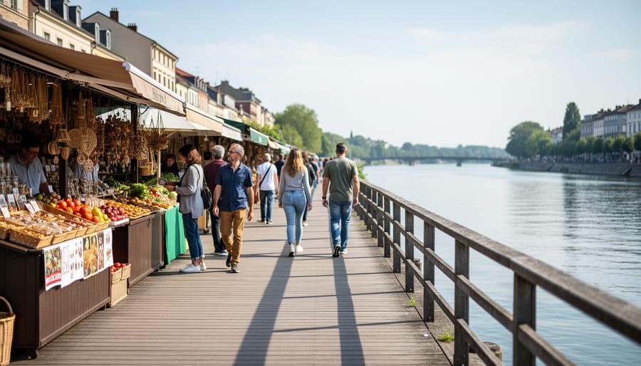 People walking along a riverside boardwalk beside open-air market stalls