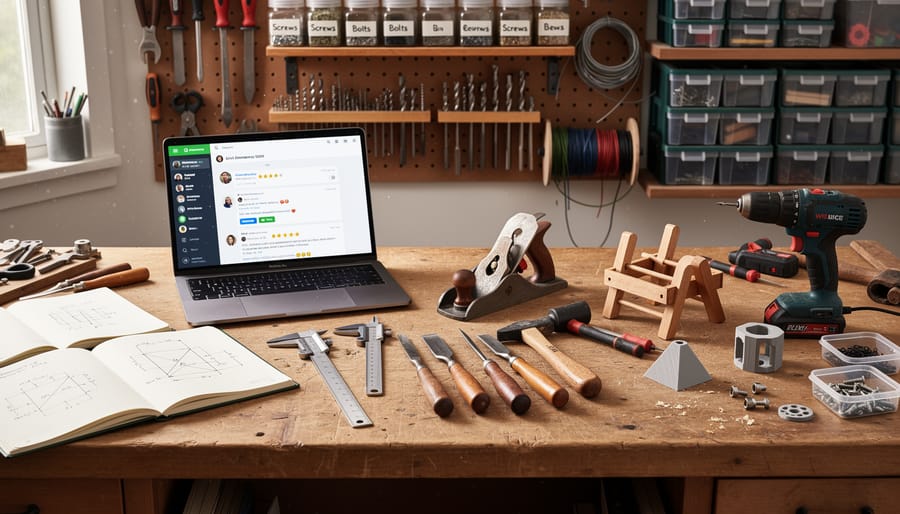 Close-up of handmade ceramic mug and craft tools on an artisan workbench in natural light