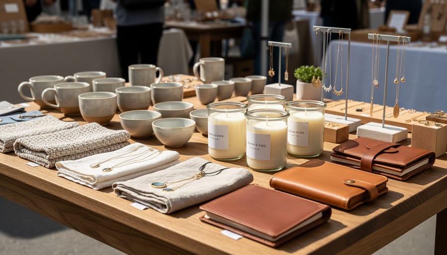 Boutique display table with handcrafted ceramics and small art items inside H B Gallery.