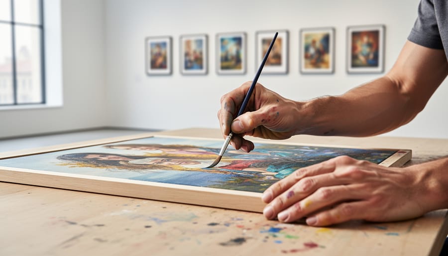 Close view of an artist’s hands placing a small framed artwork on display in H B Gallery.