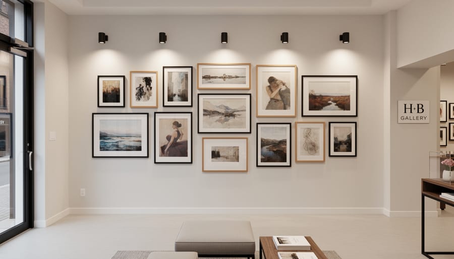 Wide view of framed artworks displayed on a wall inside H B Gallery.