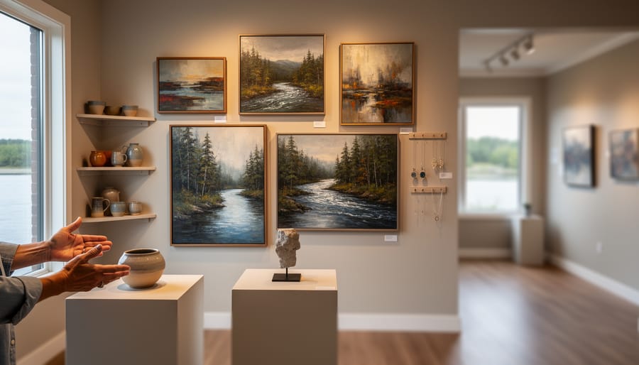 Warmly lit view of an intimate riverside gallery displaying contemporary paintings, artisan ceramics, and handcrafted jewelry.