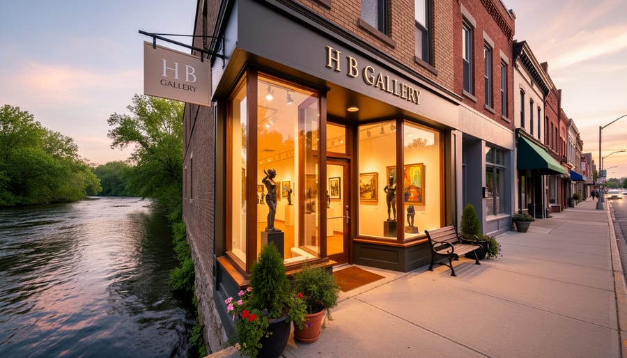 Exterior view of a riverside gallery storefront with warm interior lighting and visible framed art through the windows.