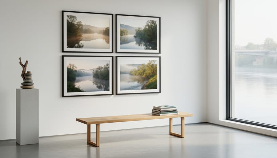 Artworks displayed in a themed corner, featuring a large landscape canvas and smaller framed pieces.