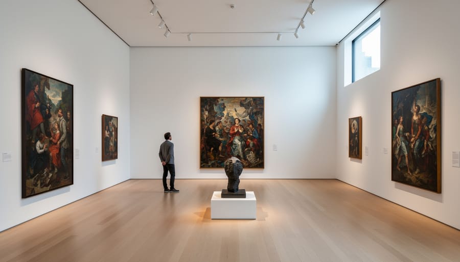 Wide view of a special exhibition space with a large statement artwork on an accent wall at H B Gallery.