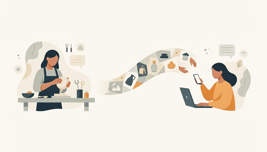 Hands using a smartphone in a maker’s workspace with craft materials and a sketchbook nearby