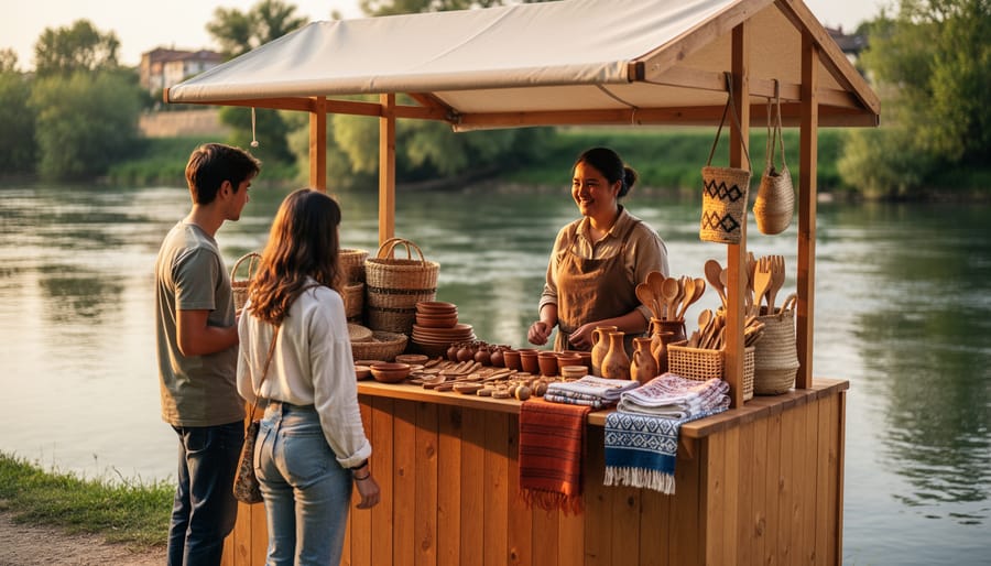 Vendor arranging handmade goods at a riverside market booth during dusk lighting
