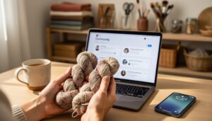 A maker’s hands holding hand-dyed yarn in a home studio workspace with a laptop and phone nearby, representing authentic community connection for small shops.
