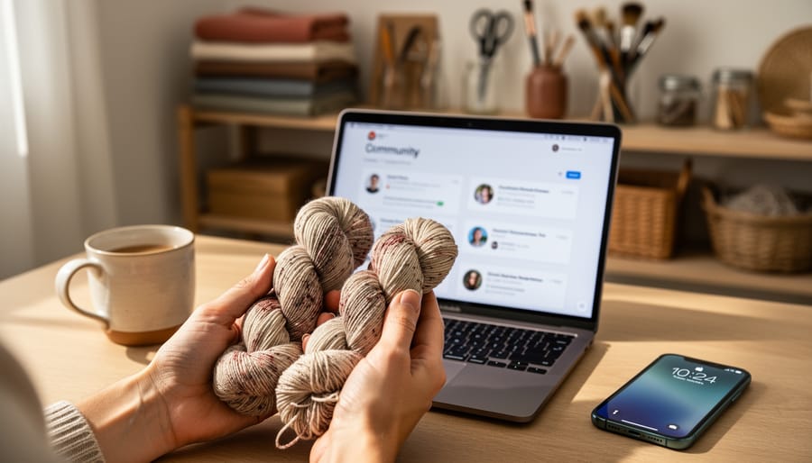 A maker’s hands holding hand-dyed yarn in a home studio workspace with a laptop and phone nearby, representing authentic community connection for small shops.